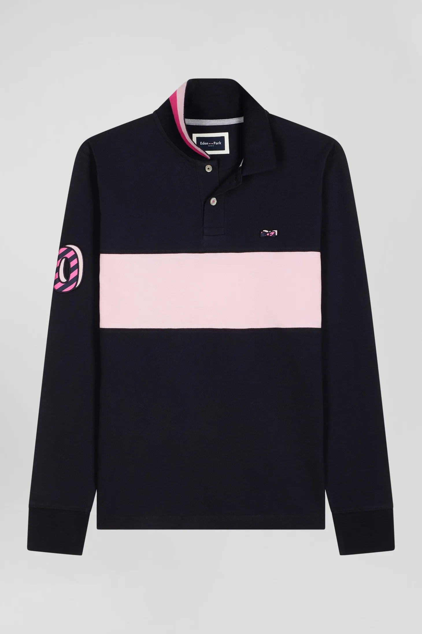 Regular pink long-sleeved cotton piqué polo shirt with sleeve embroidery