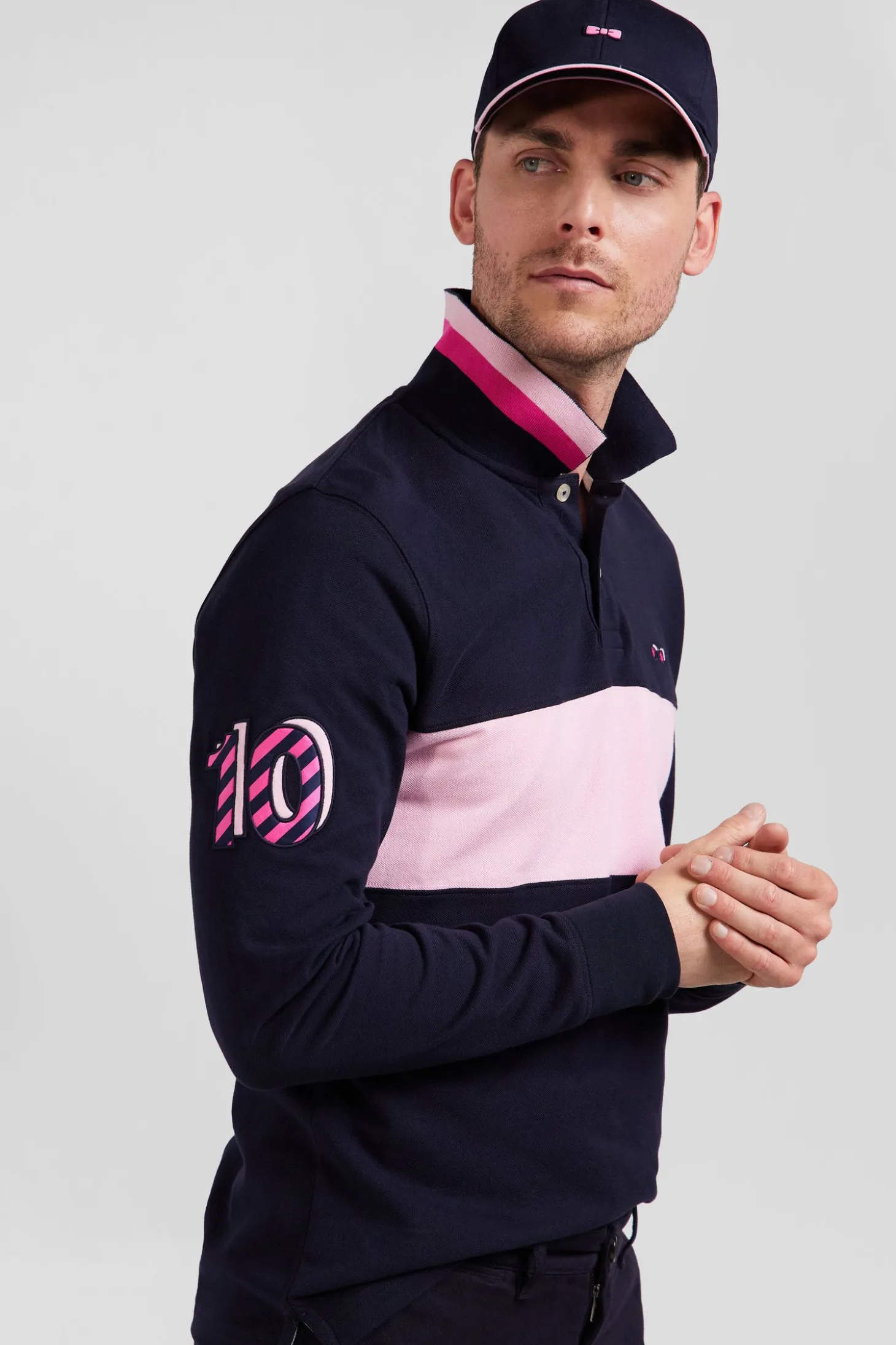 Regular pink long-sleeved cotton piqué polo shirt with sleeve embroidery