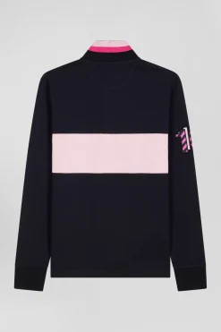 Regular pink long-sleeved cotton piqué polo shirt with sleeve embroidery