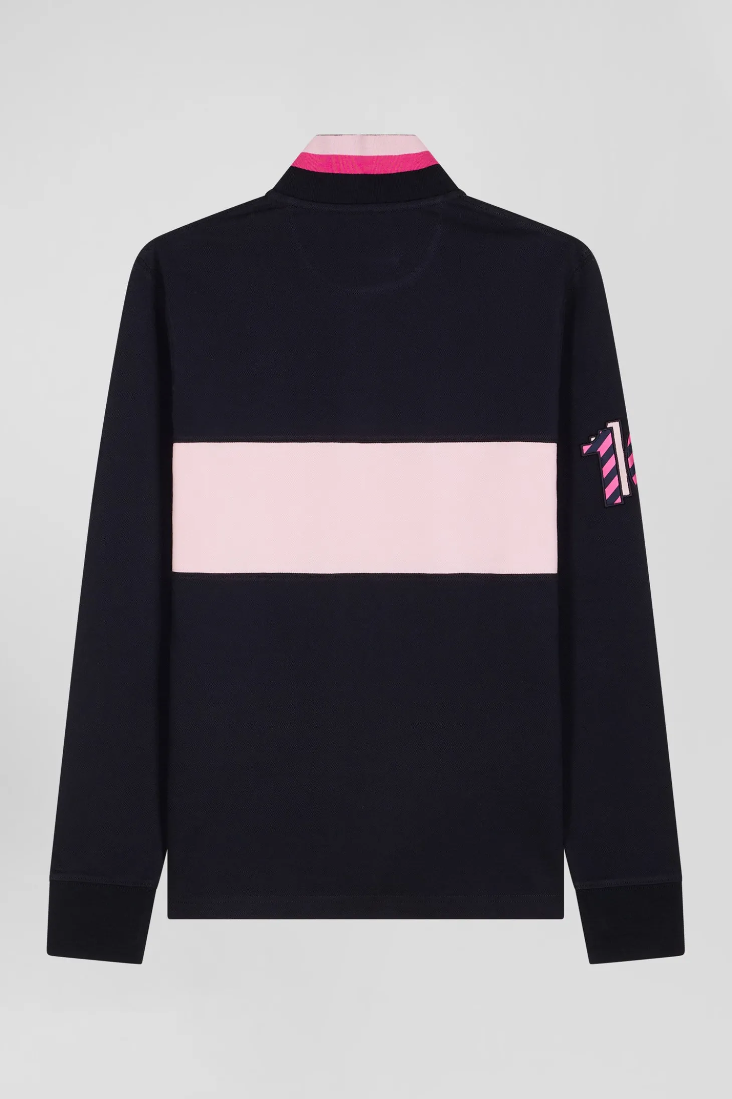 Regular pink long-sleeved cotton piqué polo shirt with sleeve embroidery