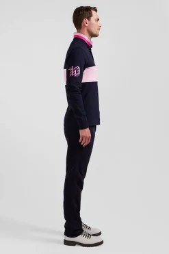 Regular pink long-sleeved cotton piqué polo shirt with sleeve embroidery