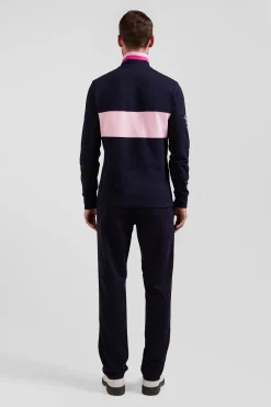 Regular pink long-sleeved cotton piqué polo shirt with sleeve embroidery