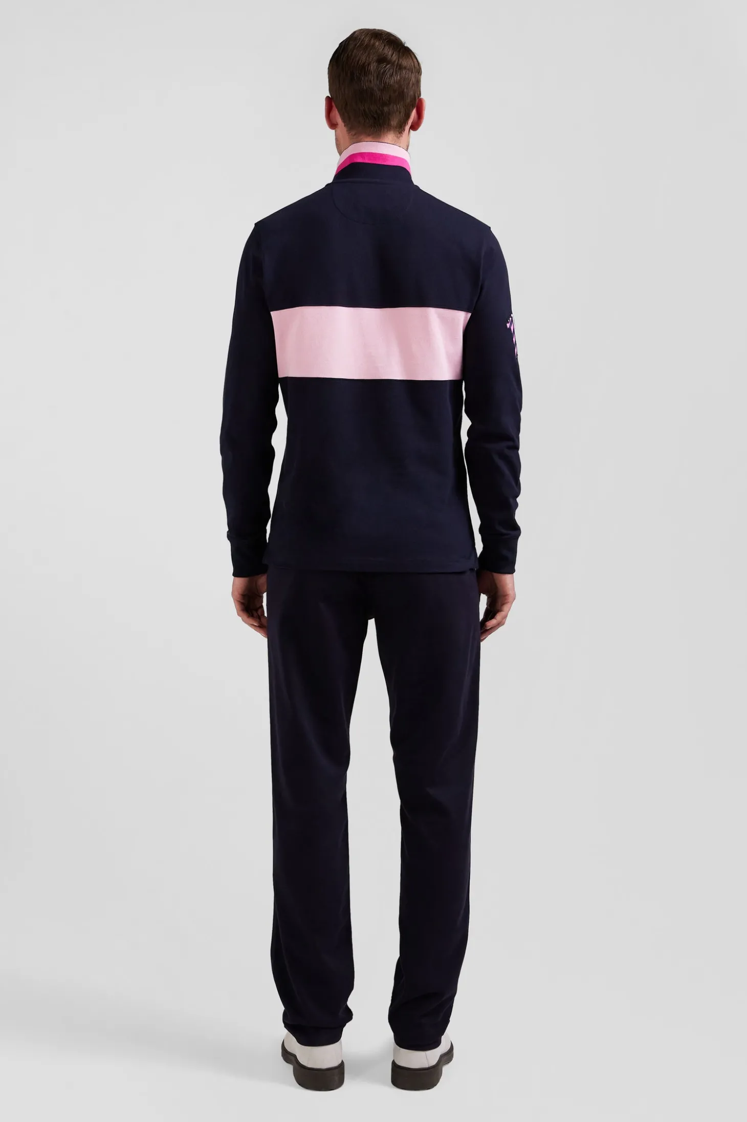 Regular pink long-sleeved cotton piqué polo shirt with sleeve embroidery