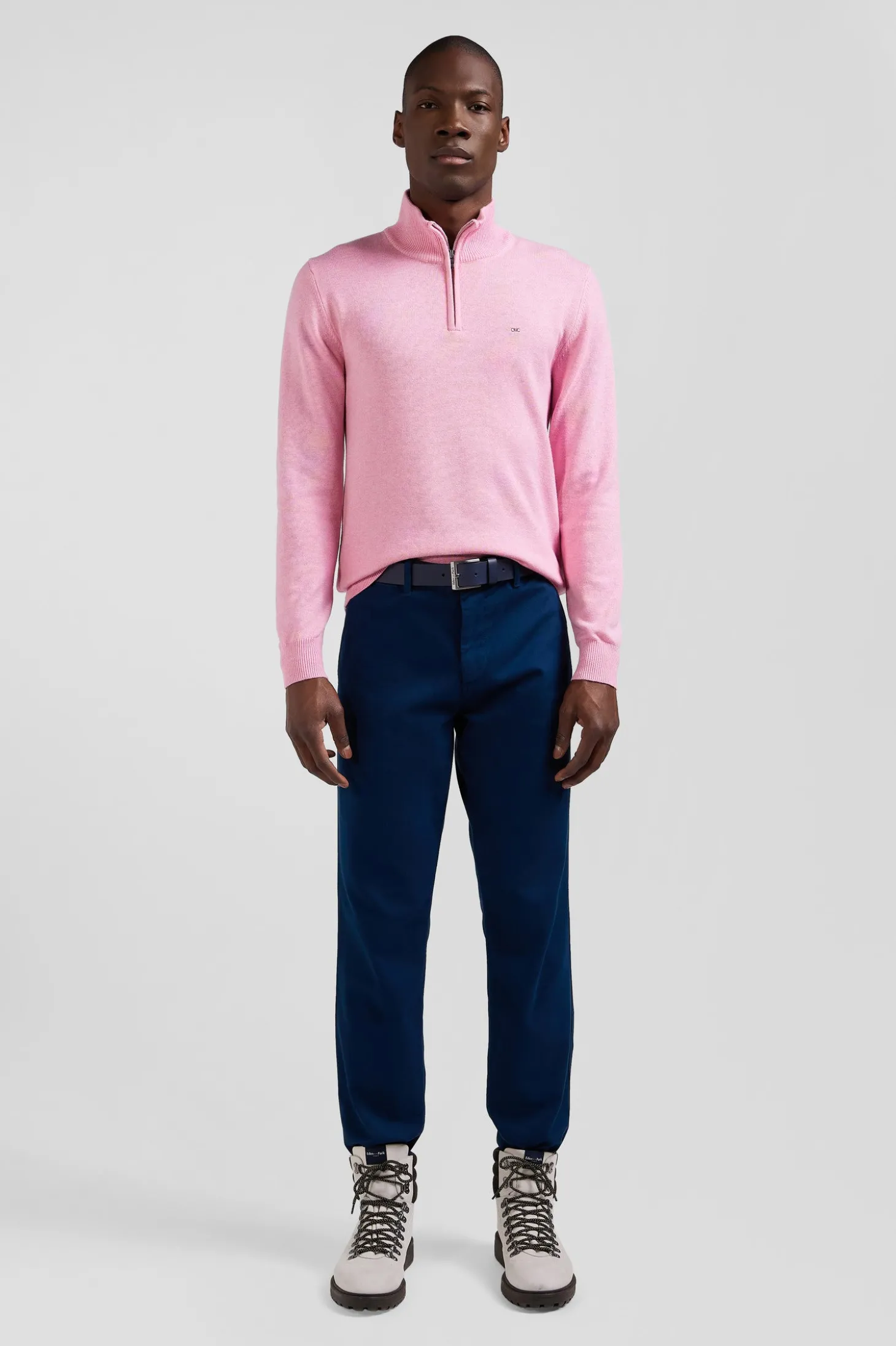 Regular pink semi-zipped wool and cotton jumper