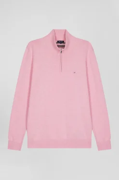 Regular pink semi-zipped wool and cotton jumper