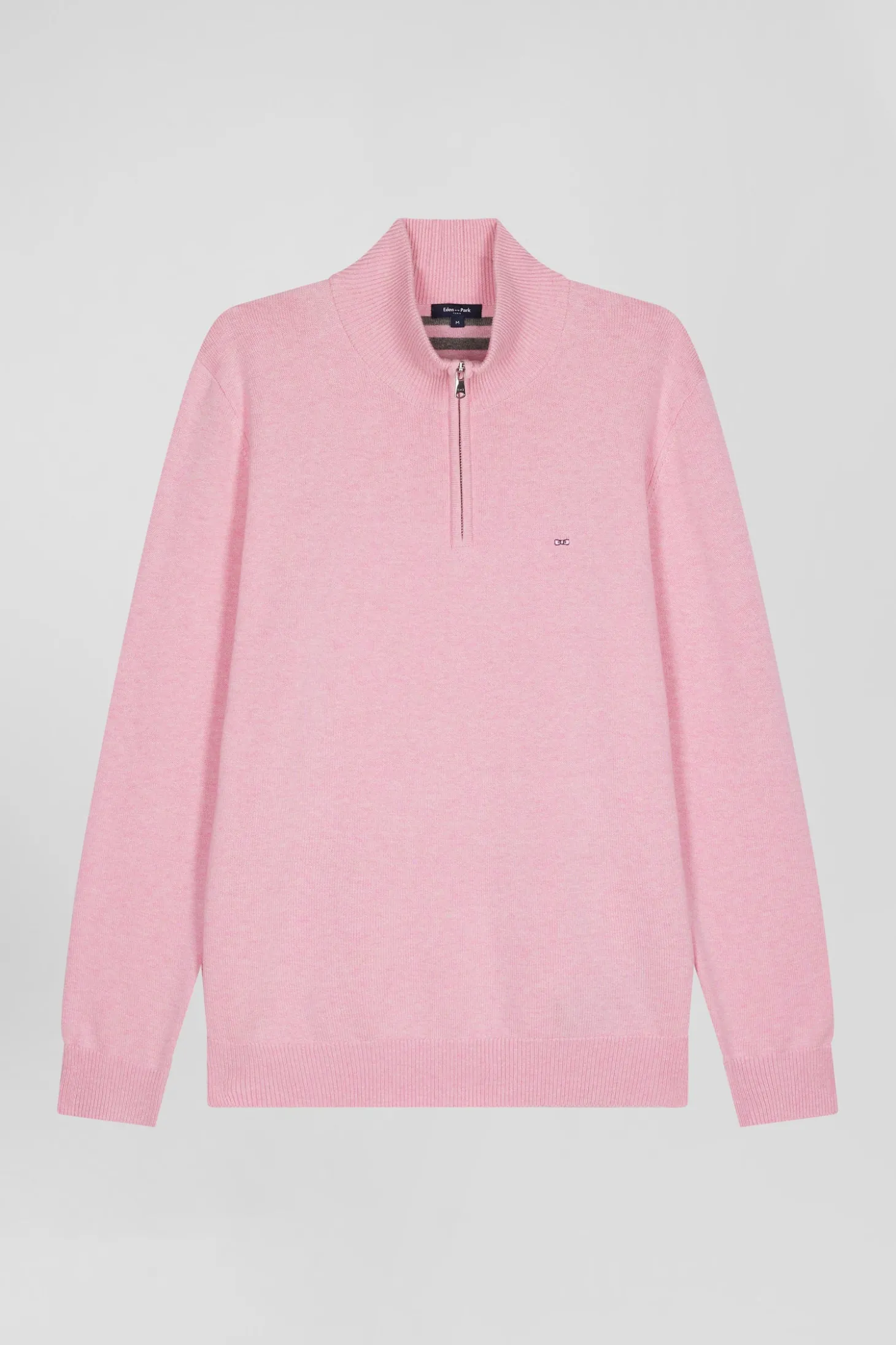 Regular pink semi-zipped wool and cotton jumper