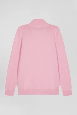 Regular pink semi-zipped wool and cotton jumper