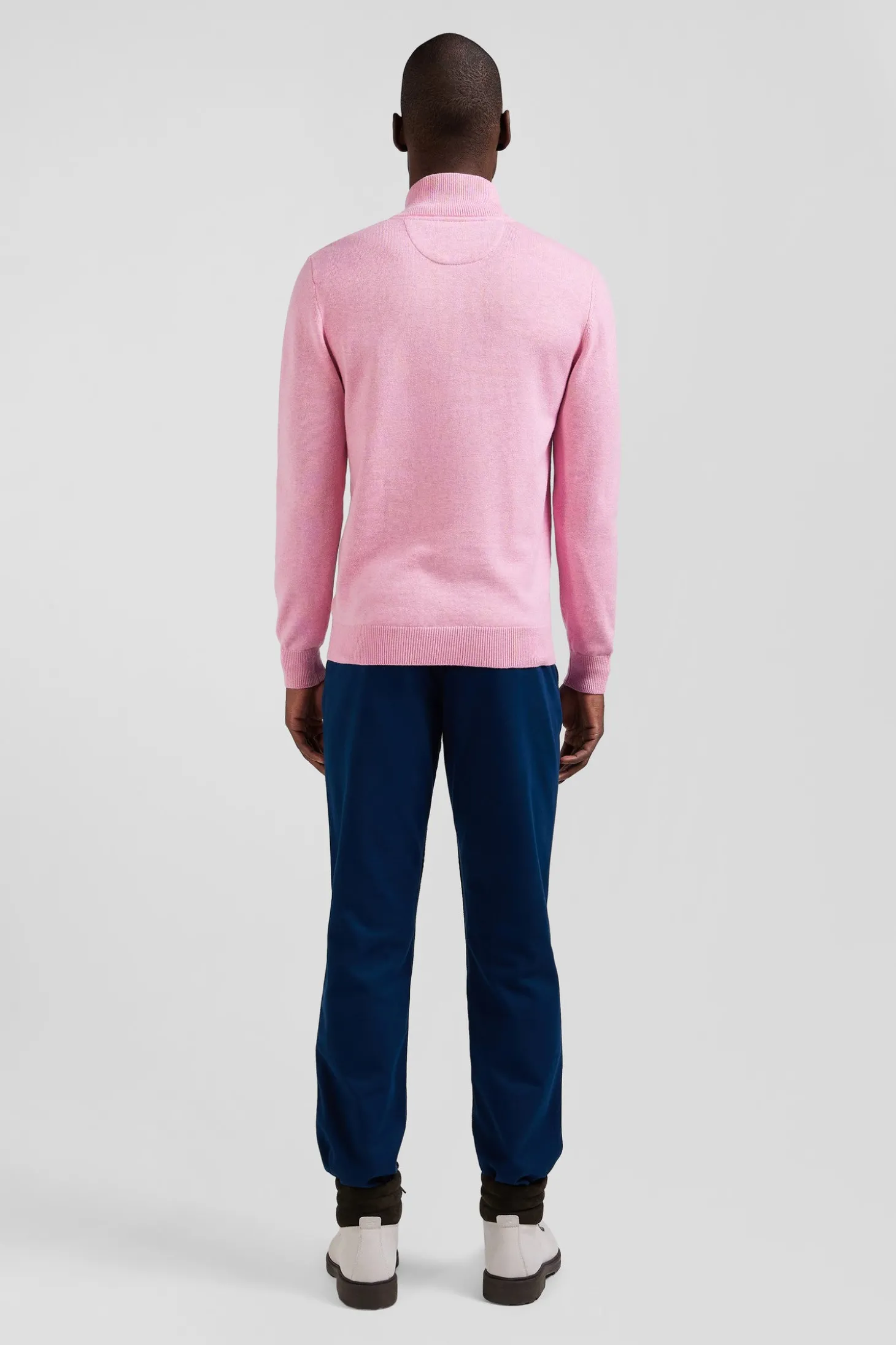Regular pink semi-zipped wool and cotton jumper