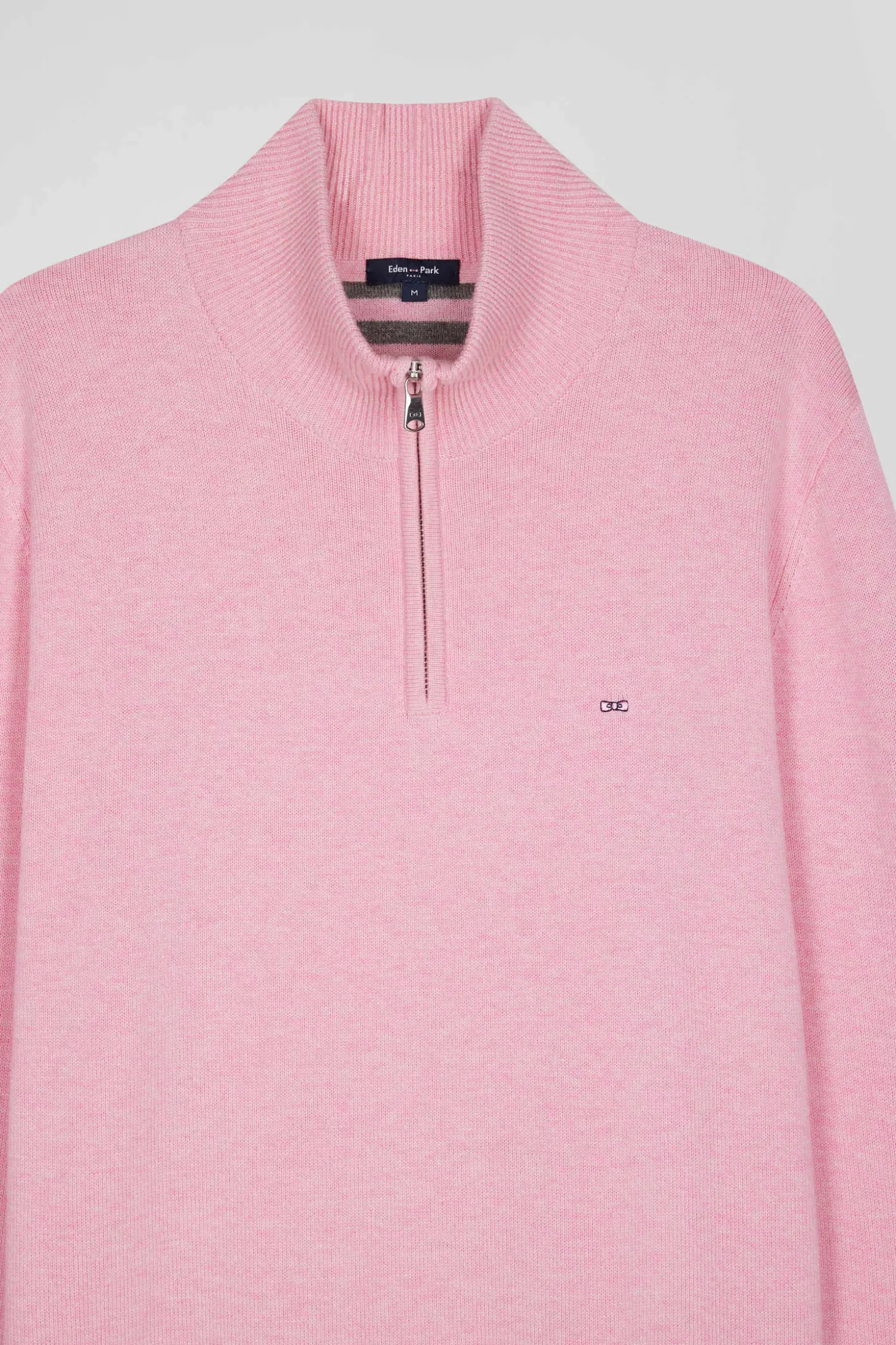 Regular pink semi-zipped wool and cotton jumper