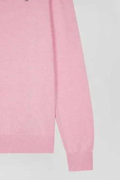 Regular pink semi-zipped wool and cotton jumper