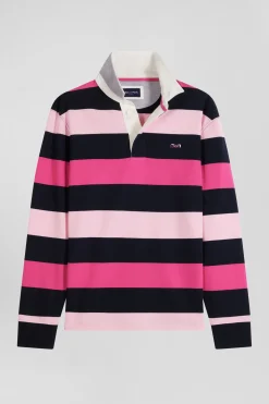 Regular pink striped long-sleeved cotton rugby shirt