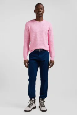 Regular pink wool and cotton crew neck jumper with micro bow tie effect