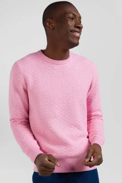 Regular pink wool and cotton crew neck jumper with micro bow tie effect