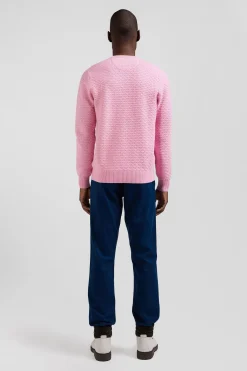 Regular pink wool and cotton crew neck jumper with micro bow tie effect