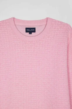 Regular pink wool and cotton crew neck jumper with micro bow tie effect