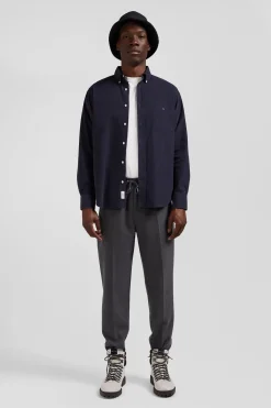 Regular plain anthracite grey cotton shirt with button-down collar and chest pocket