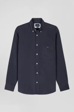 Regular plain anthracite grey cotton shirt with button-down collar and chest pocket
