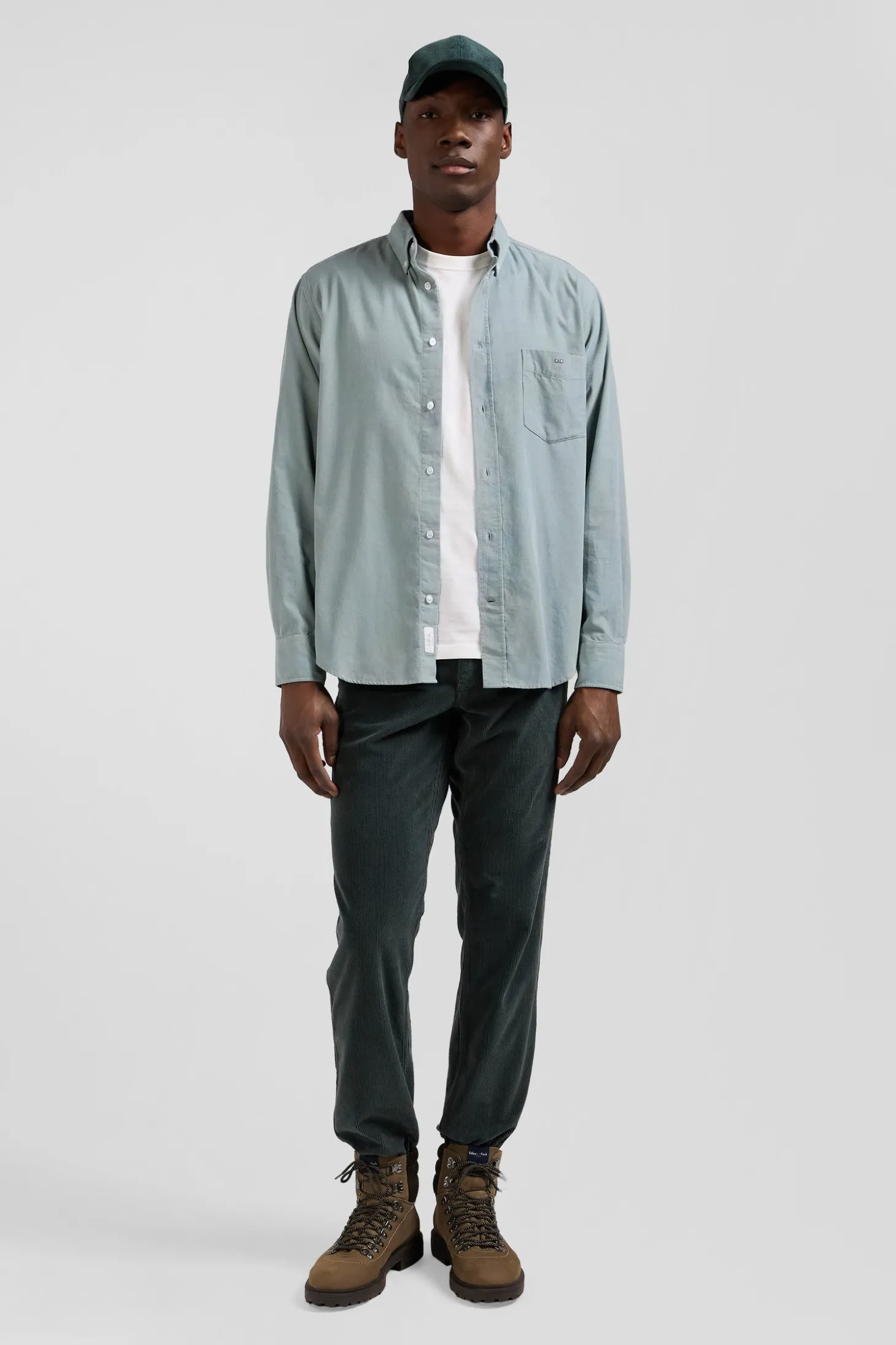 Regular plain aqua green cotton shirt with button-down collar and chest pocket