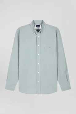 Regular plain aqua green cotton shirt with button-down collar and chest pocket