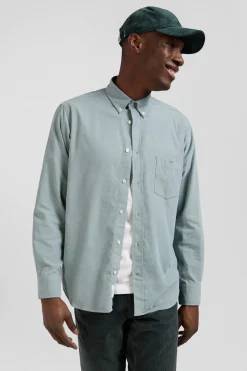 Regular plain aqua green cotton shirt with button-down collar and chest pocket