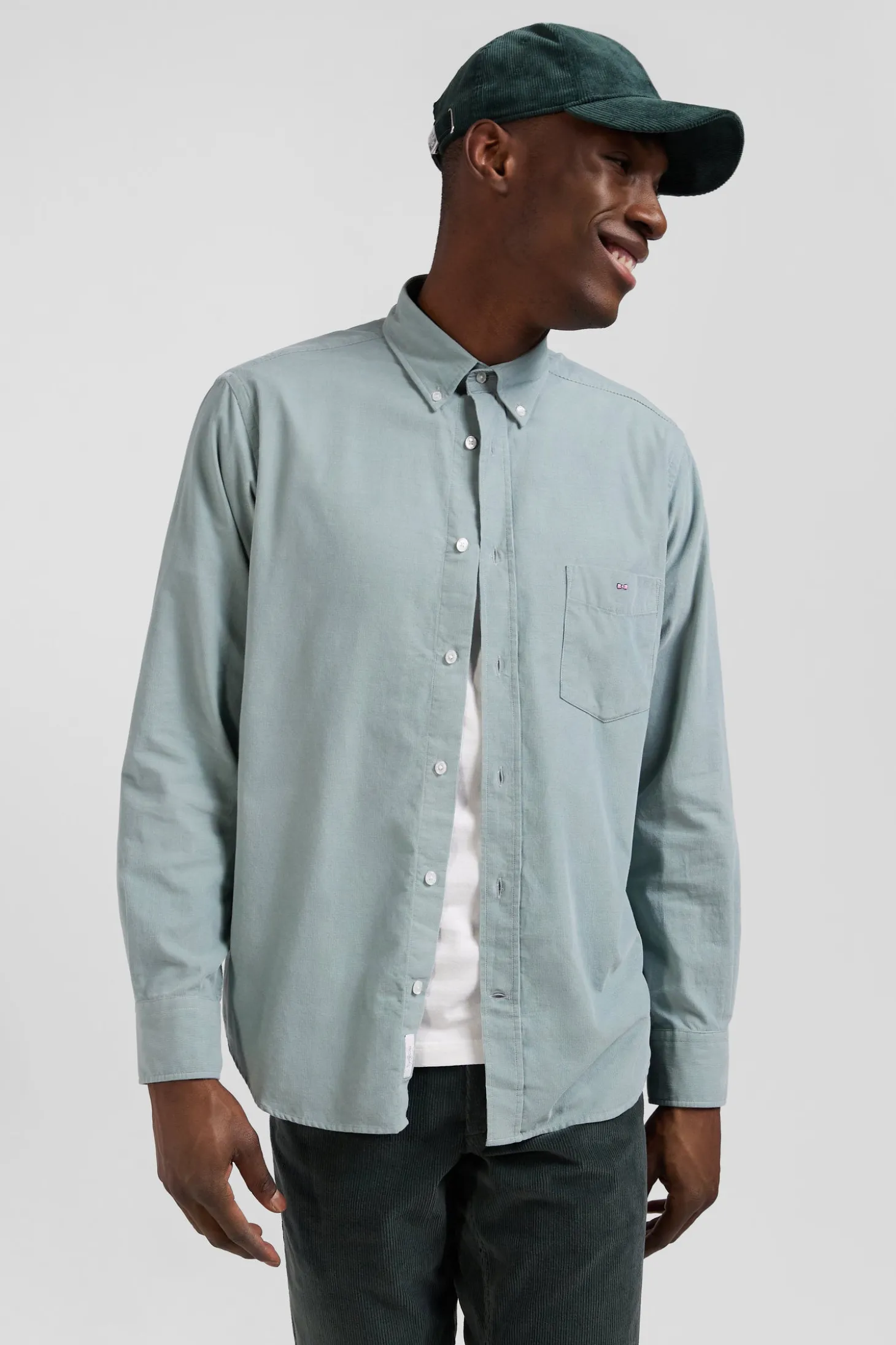 Regular plain aqua green cotton shirt with button-down collar and chest pocket