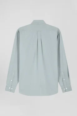 Regular plain aqua green cotton shirt with button-down collar and chest pocket