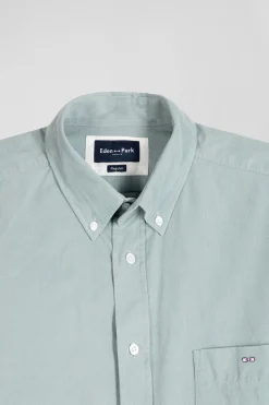 Regular plain aqua green cotton shirt with button-down collar and chest pocket