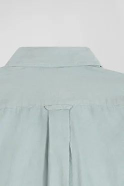 Regular plain aqua green cotton shirt with button-down collar and chest pocket