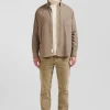 Regular plain beige cotton shirt with button-down collar and chest pocket
