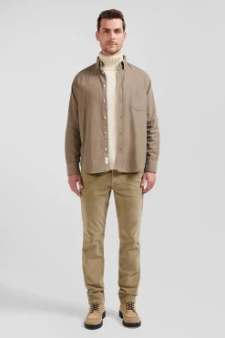 Regular plain beige cotton shirt with button-down collar and chest pocket