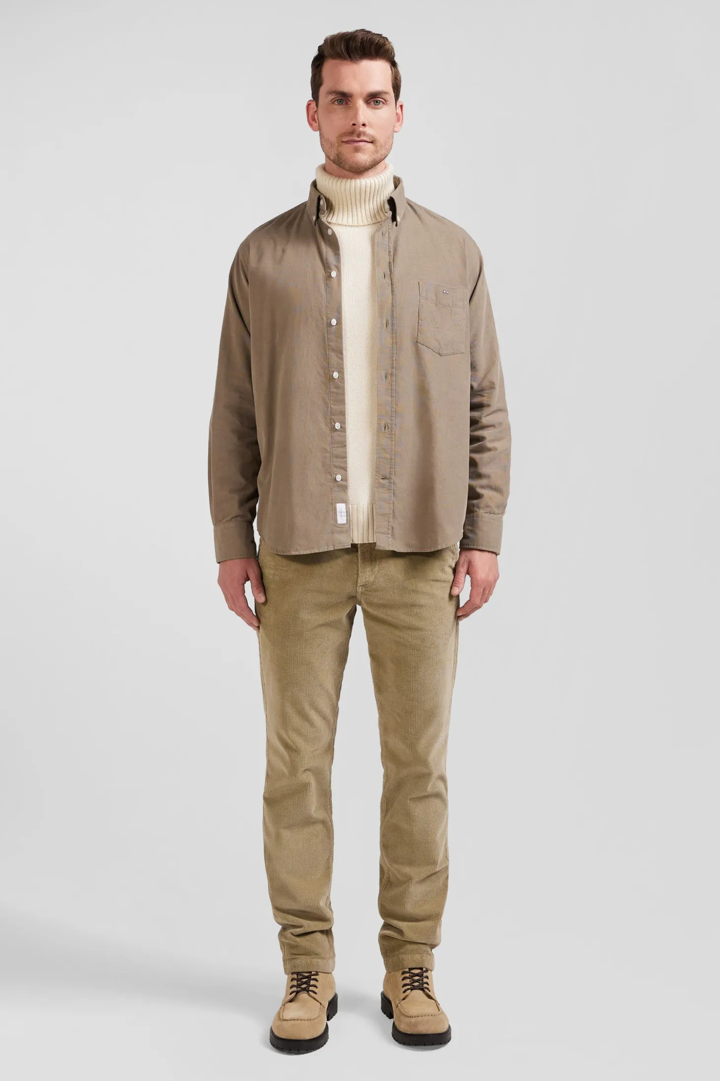 Regular plain beige cotton shirt with button-down collar and chest pocket