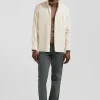 Regular plain beige cotton twill shirt with button-down collar
