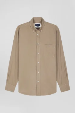 Regular plain beige cotton shirt with button-down collar and chest pocket