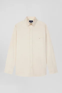 Regular plain beige cotton twill shirt with button-down collar