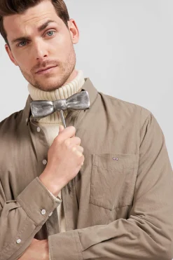 Regular plain beige cotton shirt with button-down collar and chest pocket