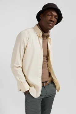 Regular plain beige cotton twill shirt with button-down collar