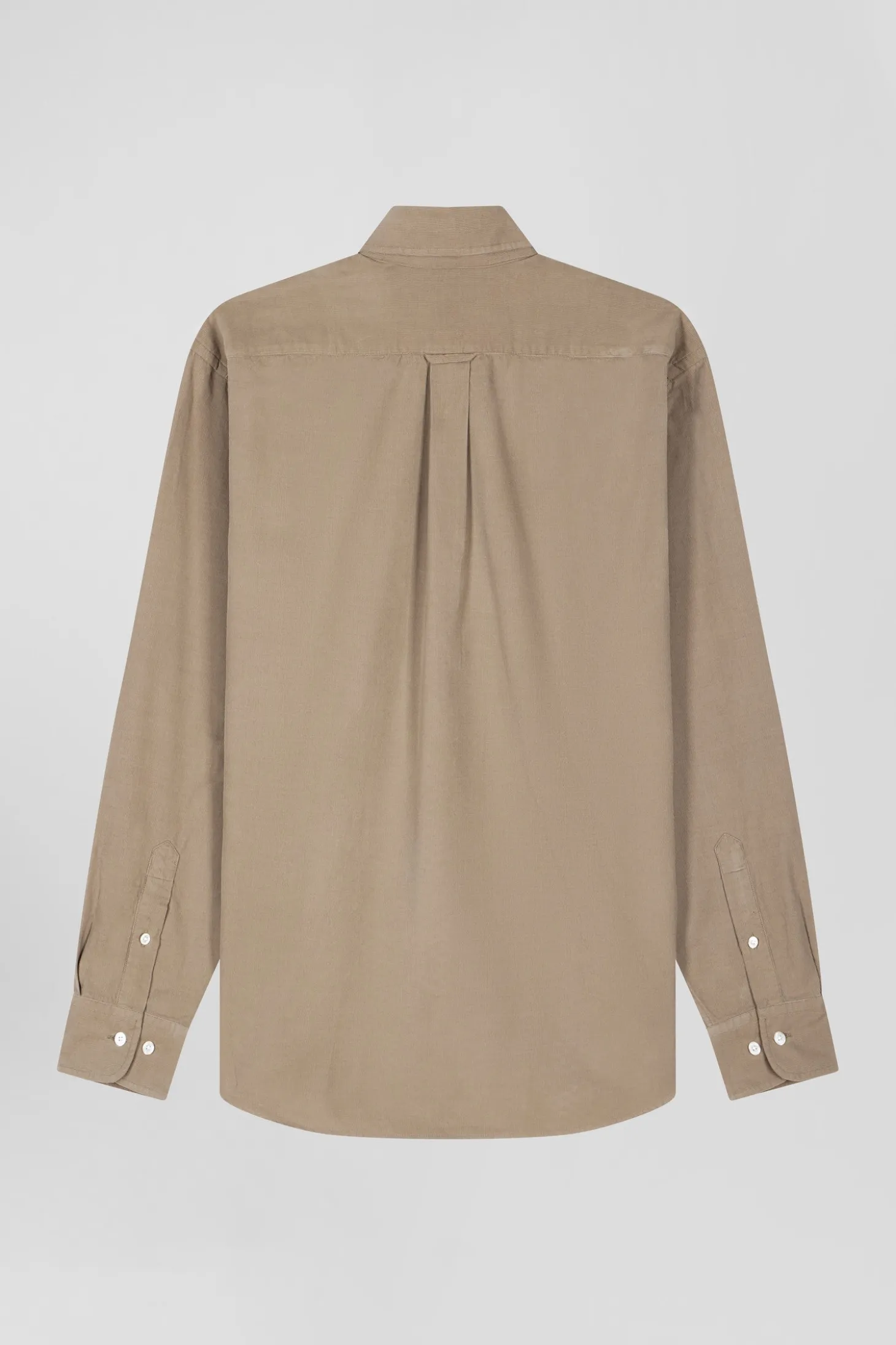 Regular plain beige cotton shirt with button-down collar and chest pocket