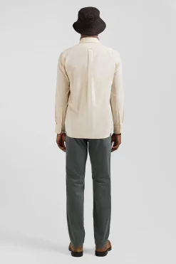 Regular plain beige cotton twill shirt with button-down collar