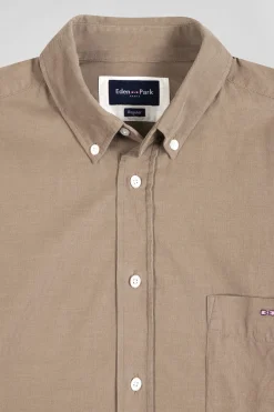 Regular plain beige cotton shirt with button-down collar and chest pocket