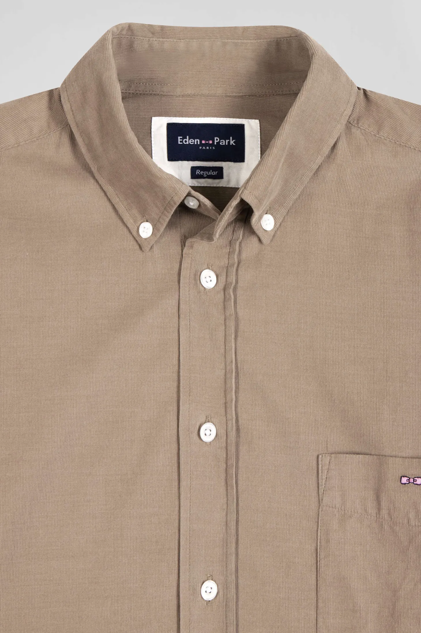 Regular plain beige cotton shirt with button-down collar and chest pocket