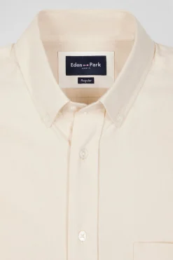 Regular plain beige cotton twill shirt with button-down collar