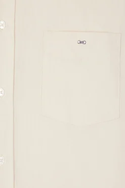 Regular plain beige cotton twill shirt with button-down collar