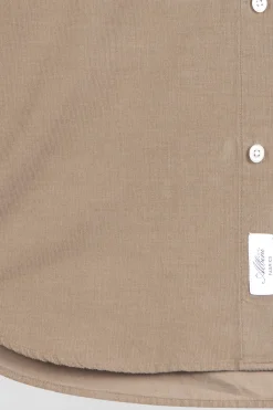 Regular plain beige cotton shirt with button-down collar and chest pocket