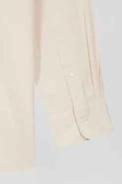Regular plain beige cotton twill shirt with button-down collar