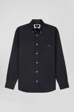 Regular plain black mixed stretch cotton shirt