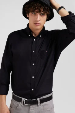 Regular plain black mixed stretch cotton shirt