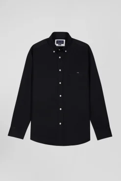 Regular plain black piqué cotton shirt