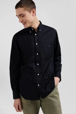 Regular plain black piqué cotton shirt