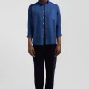 Regular plain blue piqué cotton shirt