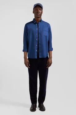 Regular plain blue piqué cotton shirt